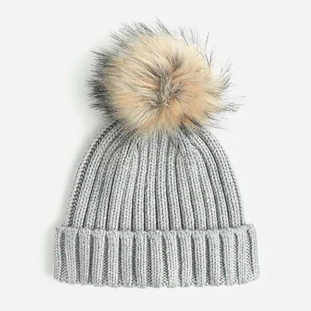 NWT‎ J. Crew Ribbed Beanie with Faux-Fur Pom-Pom